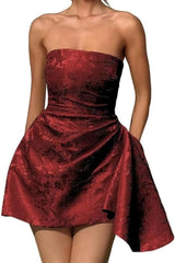 Sparkle Strapless Mini Party Dress Backless Satin Jacquard Homecoming Dress with Pocket