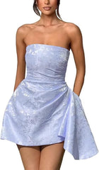 Sparkle Strapless Mini Party Dress Backless Satin Jacquard Homecoming Dress with Pocket