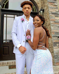 Sparkling Spaghetti Straps Long Sequin White Iridescent Prom Dresses UK