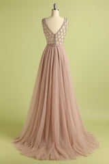Sparkly Beaded Long Tulle Bridesmaid Prom Dress