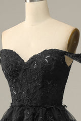 Sparkly Black Off The Shoulder Tiered Corset Prom Dress