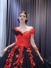 Sparkly Black Ruffle Ball Gown Wedding Dresses Red Lace Appliqued Quince Dress 231103