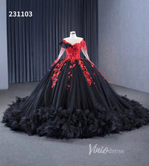 Sparkly Black Ruffle Ball Gown Wedding Dresses Red Lace Appliqued Quince Dress 231103
