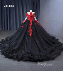 Sparkly Black Ruffle Ball Gown Wedding Dresses Red Lace Appliqued Quince Dress 231103