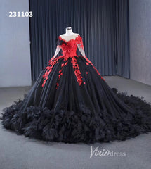 Sparkly Black Ruffle Ball Gown Wedding Dresses Red Lace Appliqued Quince Dress 231103