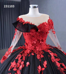Sparkly Black Ruffle Ball Gown Wedding Dresses Red Lace Appliqued Quince Dress 231103