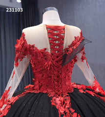 Sparkly Black Ruffle Ball Gown Wedding Dresses Red Lace Appliqued Quince Dress 231103