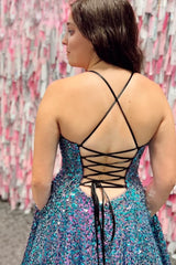 Sparkly Blue A-Line Sequins Long Prom Dress with Pockets