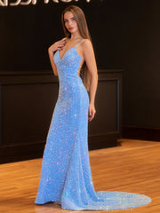 Maddison |Sparkly Blue Mermaid Sequins Long Backless Prom Dress
