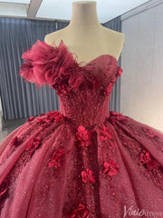Sparkly Burgundy Red Ball Gown Wedding Dresses One Shoulder Quinceanera 241112