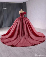 Sparkly Burgundy Red Ball Gown Wedding Dresses One Shoulder Quinceanera 241112