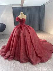 Sparkly Burgundy Red Ball Gown Wedding Dresses One Shoulder Quinceanera 241112