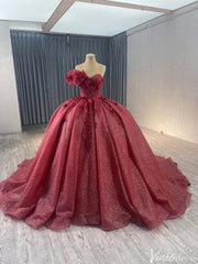 Sparkly Burgundy Red Ball Gown Wedding Dresses One Shoulder Quinceanera 241112