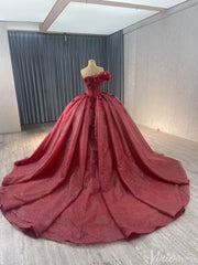 Sparkly Burgundy Red Ball Gown Wedding Dresses One Shoulder Quinceanera 241112
