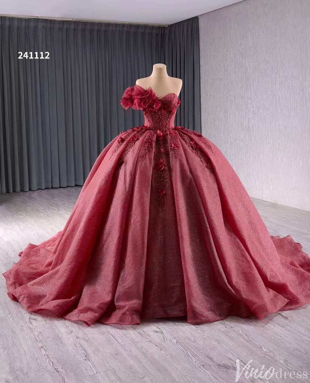 Sparkly Burgundy Red Ball Gown Wedding Dresses One Shoulder Quinceanera 241112