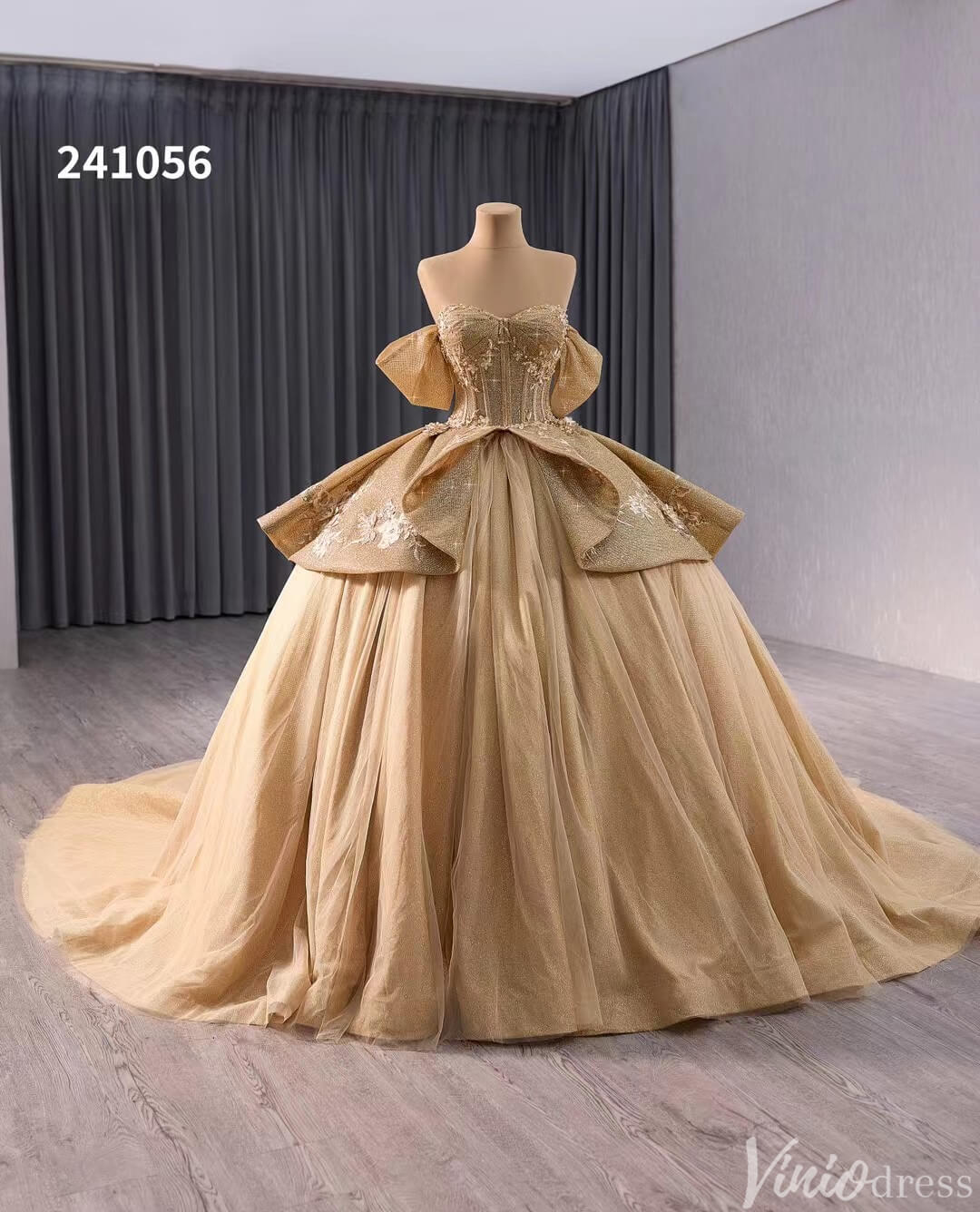 Sparkly Champagne Lace Applique Wedding Gown Off the Shoulder Quinceanera Dress 241056