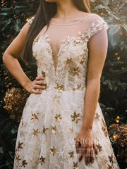 Sparkly Chic Star Sequin Lace Gold Prom Dresses Long Cap Sleeves FD1748