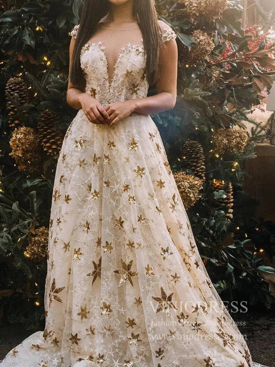 Sparkly Chic Star Sequin Lace Gold Prom Dresses Long Cap Sleeves FD1748