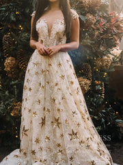 Sparkly Chic Star Sequin Lace Gold Prom Dresses Long Cap Sleeves FD1748