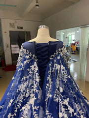 Sparkly Dark Blue Ball Gowns with Cape Debutante Princess Dresses 222228