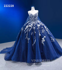Sparkly Dark Blue Ball Gowns with Cape Debutante Princess Dresses 222228
