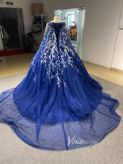 Sparkly Dark Blue Ball Gowns with Cape Debutante Princess Dresses 222228