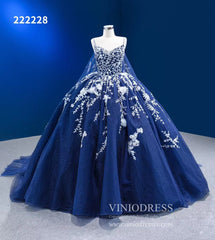 Sparkly Dark Blue Ball Gowns with Cape Debutante Princess Dresses 222228
