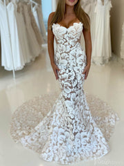 Sparkly Floral Lace Boho Mermaid Wedding Dresses Strapless TS001