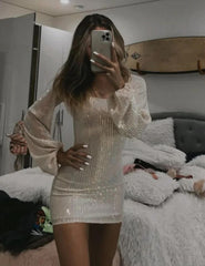 Glitter Long Sleeve Cocktail Dress Tight Graduation Dresses Short