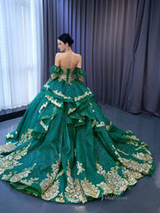 Sparkly Green Ball Gowns Gold Lace Appliqued Wedding Dresses with Sleeves 231041