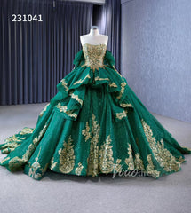 Sparkly Green Ball Gowns Gold Lace Appliqued Wedding Dresses with Sleeves 231041