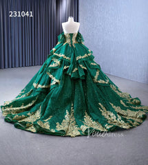 Sparkly Green Ball Gowns Gold Lace Appliqued Wedding Dresses with Sleeves 231041