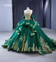 Sparkly Green Ball Gowns Gold Lace Appliqued Wedding Dresses with Sleeves 231041