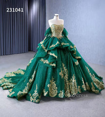 Sparkly Green Ball Gowns Gold Lace Appliqued Wedding Dresses with Sleeves 231041