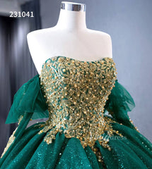 Sparkly Green Ball Gowns Gold Lace Appliqued Wedding Dresses with Sleeves 231041