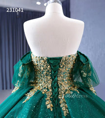 Sparkly Green Ball Gowns Gold Lace Appliqued Wedding Dresses with Sleeves 231041