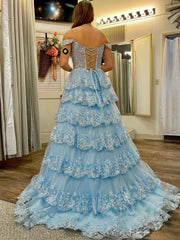 Sparkly Lace Tiered Prom Dresses with Slit Off the Shoulder Formal Dresses - FD3636g
