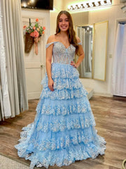 Sparkly Lace Tiered Prom Dresses with Slit Off the Shoulder Formal Dresses - FD3636g