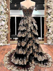 Sparkly Lace Tiered Prom Dresses with Slit Off the Shoulder Formal Dresses - FD3636g