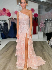 Sparkly Lavender Lace Ruffle Prom Dresses with Slit,One Shoulder Ball Gown FD3637
