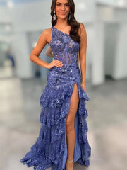 Sparkly Lavender Lace Ruffle Prom Dresses with Slit,One Shoulder Ball Gown FD3637