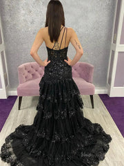 Sparkly Lavender Lace Ruffle Prom Dresses with Slit,One Shoulder Ball Gown FD3637
