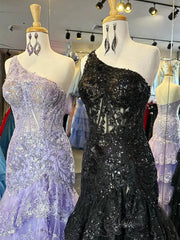 Sparkly Lavender Lace Ruffle Prom Dresses with Slit,One Shoulder Ball Gown FD3637