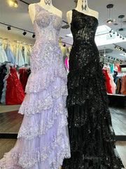 Sparkly Lavender Lace Ruffle Prom Dresses with Slit,One Shoulder Ball Gown FD3637
