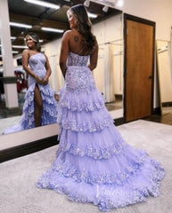 Sparkly Lavender Lace Ruffle Prom Dresses with Slit,One Shoulder Ball Gown FD3637