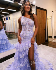 Sparkly Lavender Lace Ruffle Prom Dresses with Slit,One Shoulder Ball Gown FD3637