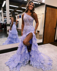 Sparkly Lavender Lace Ruffle Prom Dresses with Slit,One Shoulder Ball Gown FD3637