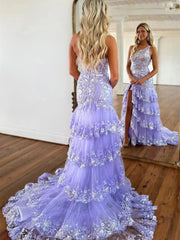 Sparkly Lavender Lace Ruffle Prom Dresses with Slit,One Shoulder Ball Gown FD3637