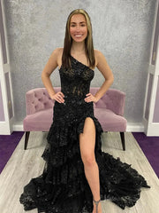 Sparkly Lavender Lace Ruffle Prom Dresses with Slit,One Shoulder Ball Gown FD3637