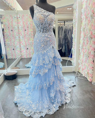 Sparkly Lavender Lace Ruffle Prom Dresses with Slit,One Shoulder Ball Gown FD3637